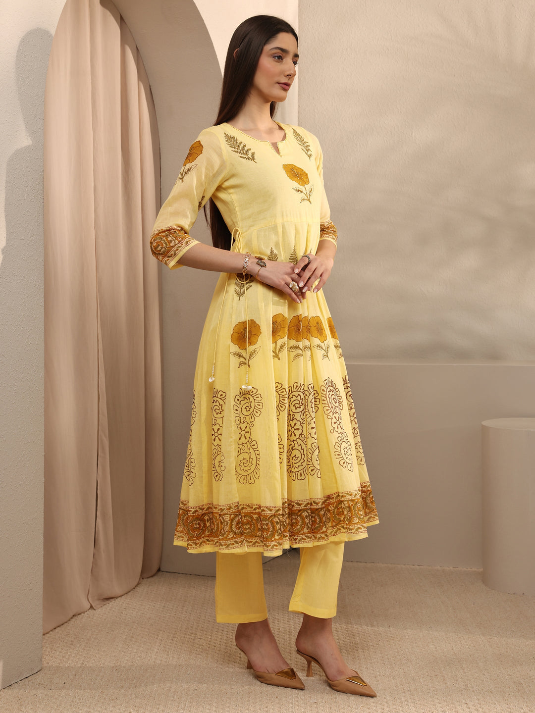 Yellow Floral Print Cotton Anarkali Suit Set with Dupatta