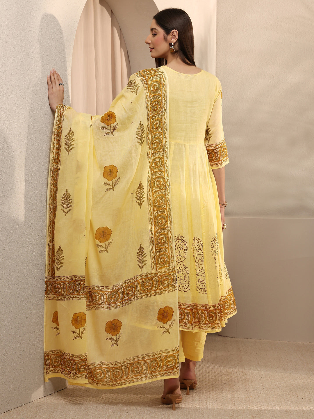 Yellow Floral Print Cotton Anarkali Suit Set with Dupatta