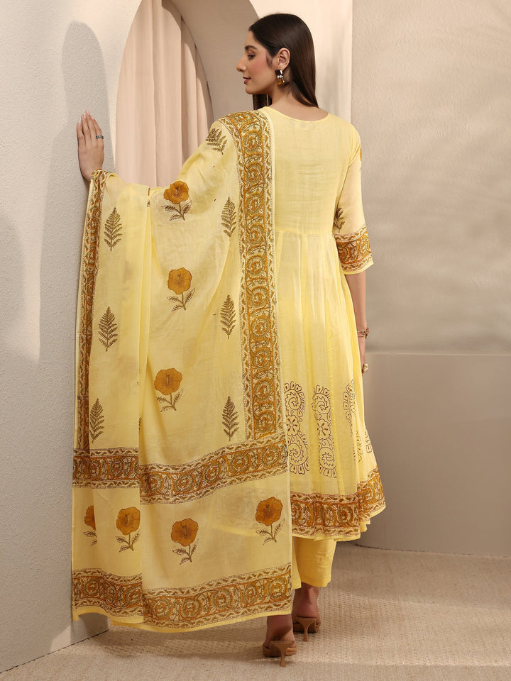 Yellow Floral Print Cotton Anarkali Suit Set with Dupatta