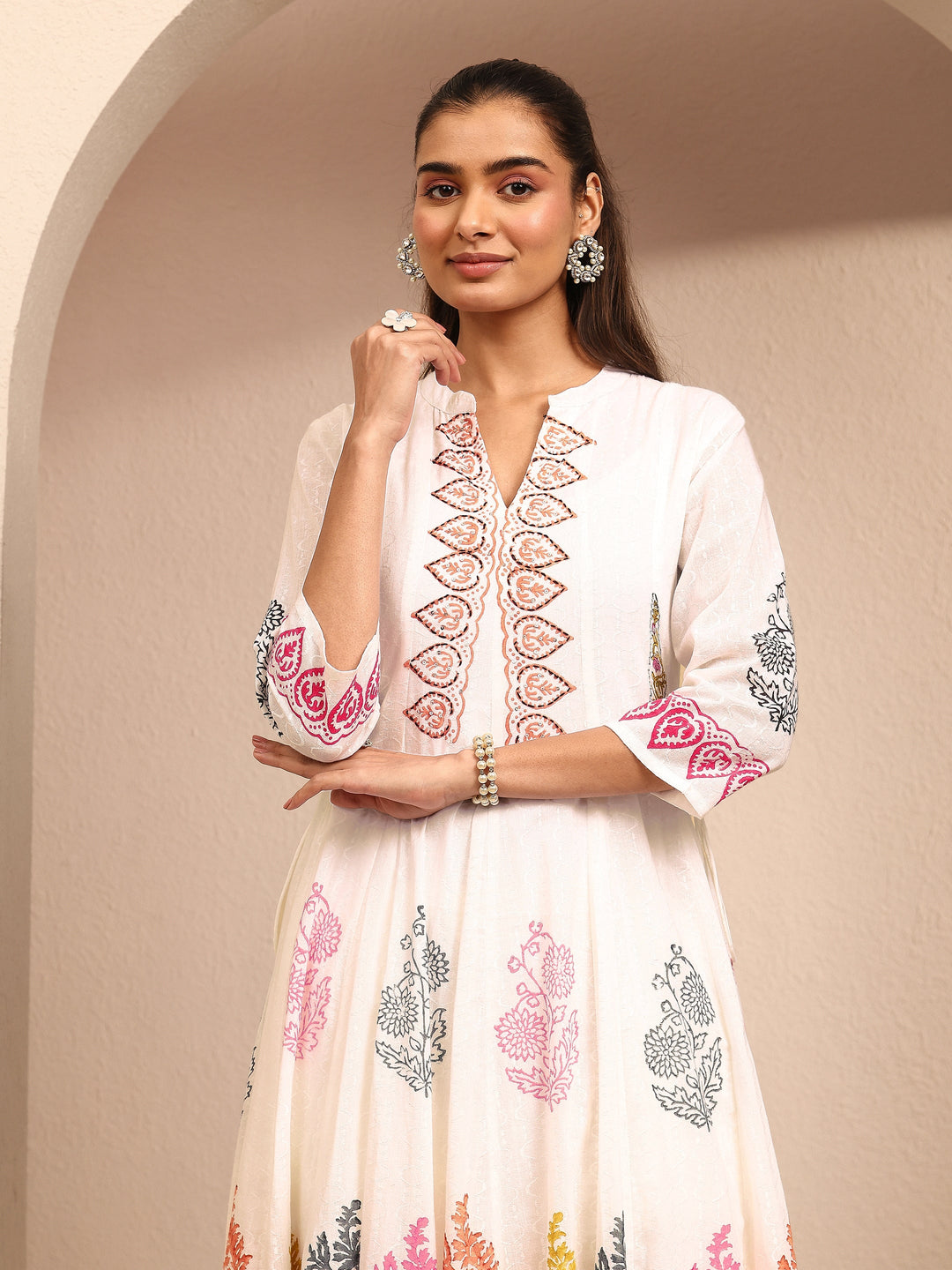 White Printed Cotton Anarkali Suit Set With Dupatta