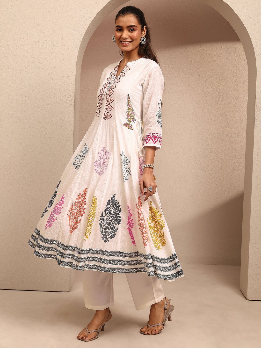 White Printed Cotton Anarkali Suit Set With Dupatta
