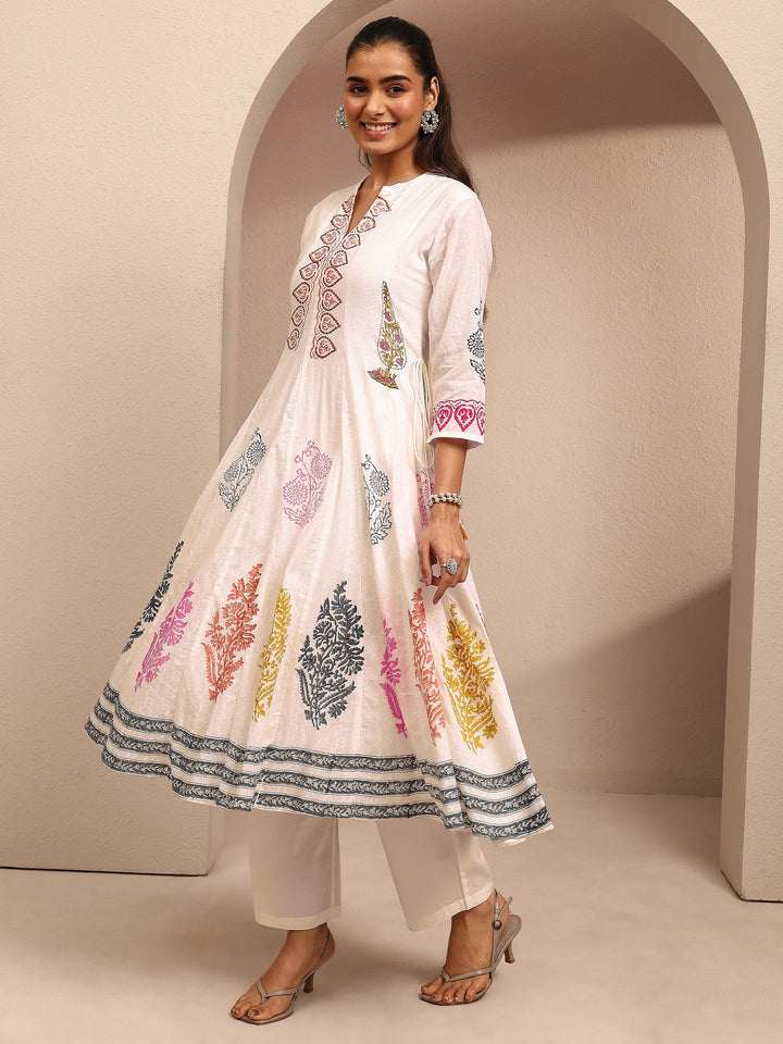 White Printed Cotton Anarkali Suit Set With Dupatta