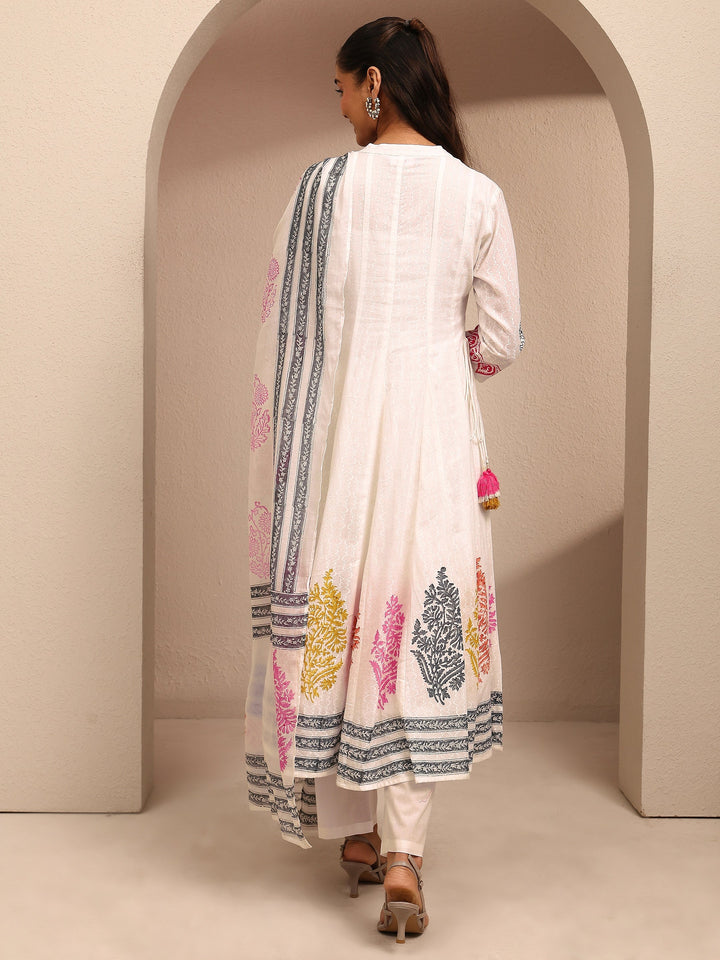 White Printed Cotton Anarkali Suit Set With Dupatta