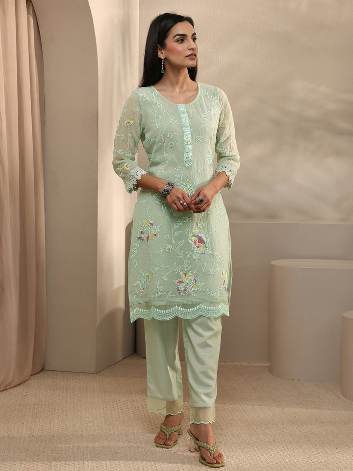 Green Embroidered Organza Kurta Set