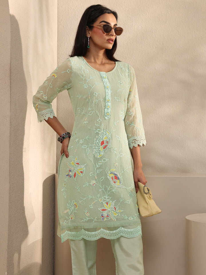 Green Embroidered Organza Kurta Set
