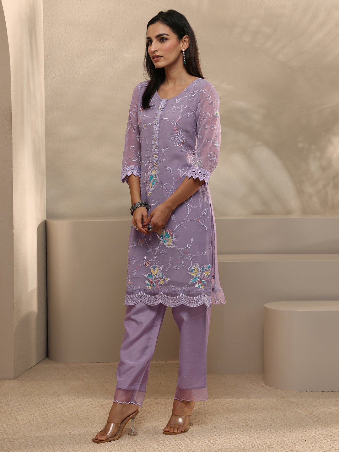 Lavender Embroidered Organza Kurta Set
