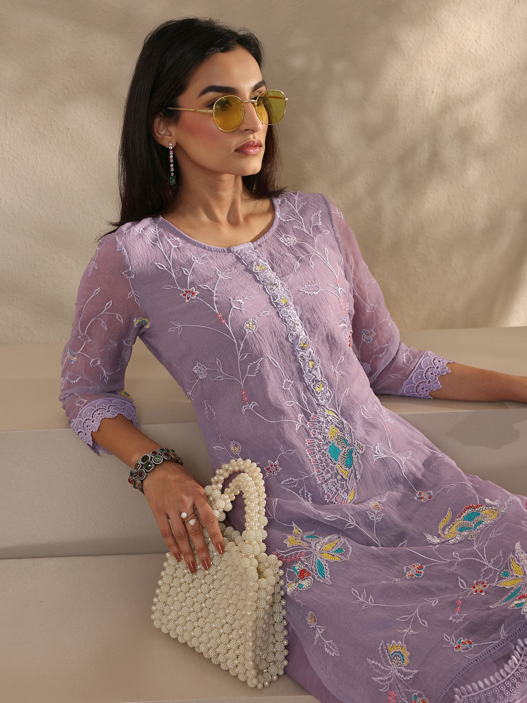 Lavender Embroidered Organza Kurta Set