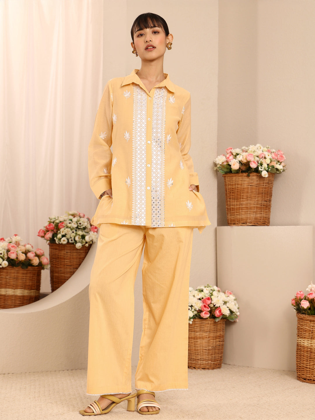Yellow Floral Embroidered Chanderi Silk Co-Ord Set