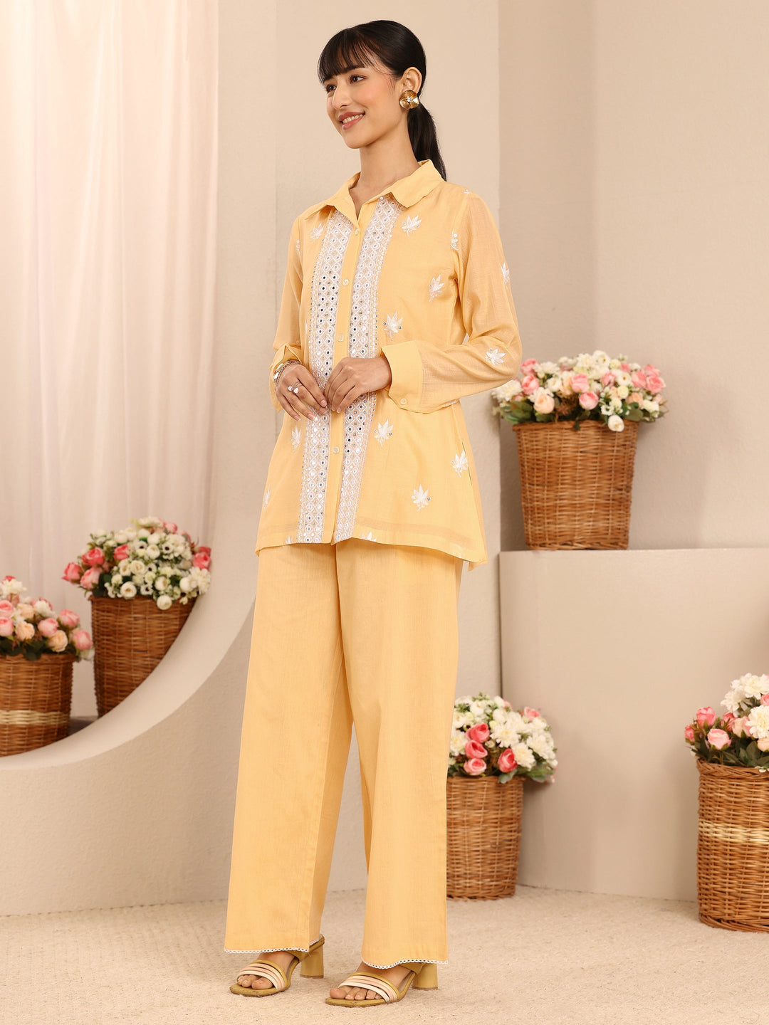 Yellow Floral Embroidered Chanderi Silk Co-Ord Set
