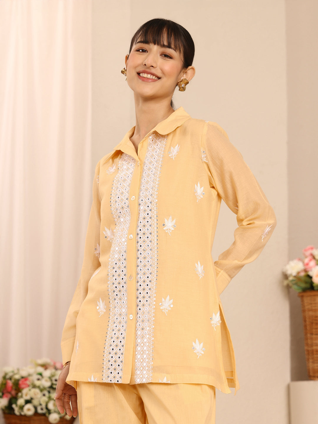 Yellow Floral Embroidered Chanderi Silk Co-Ord Set