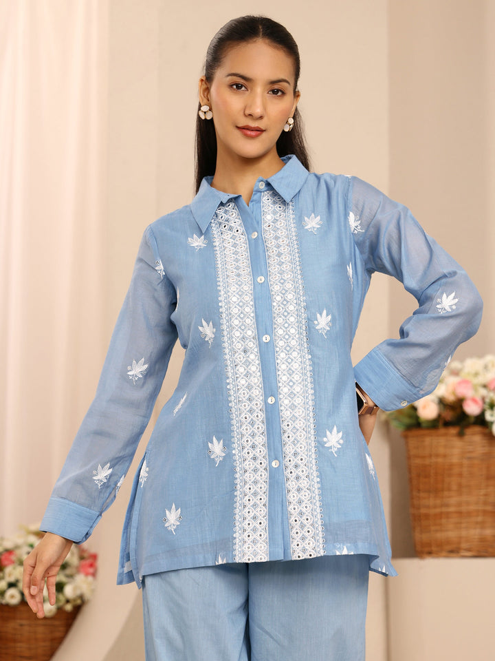 Blue Floral Embroidered Chanderi Silk Co-Ord Set