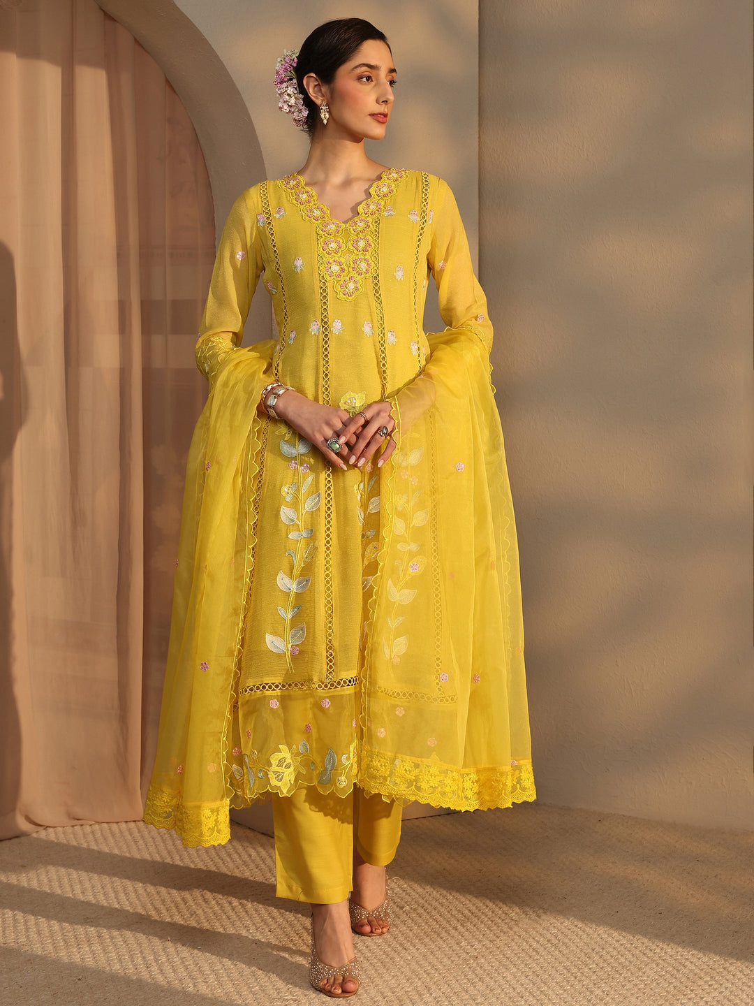 Yellow Floral Embroidered Chiffon Anarkali Suit Set with Dupatta