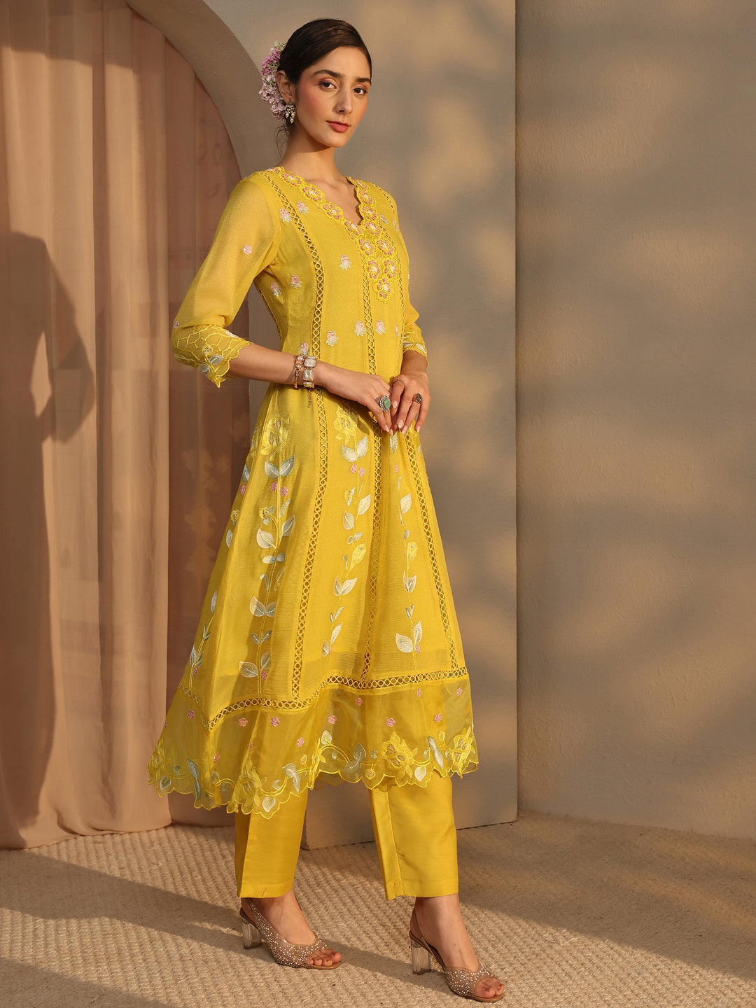 Yellow Floral Embroidered Chiffon Anarkali Suit Set with Dupatta