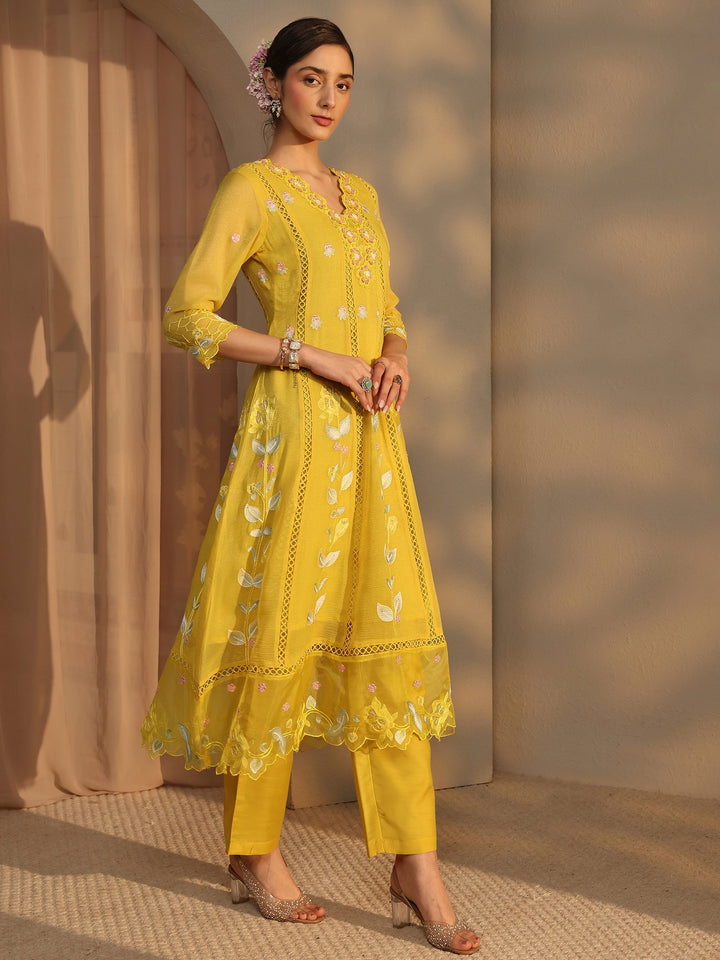 Yellow Floral Embroidered Chiffon Anarkali Suit Set with Dupatta