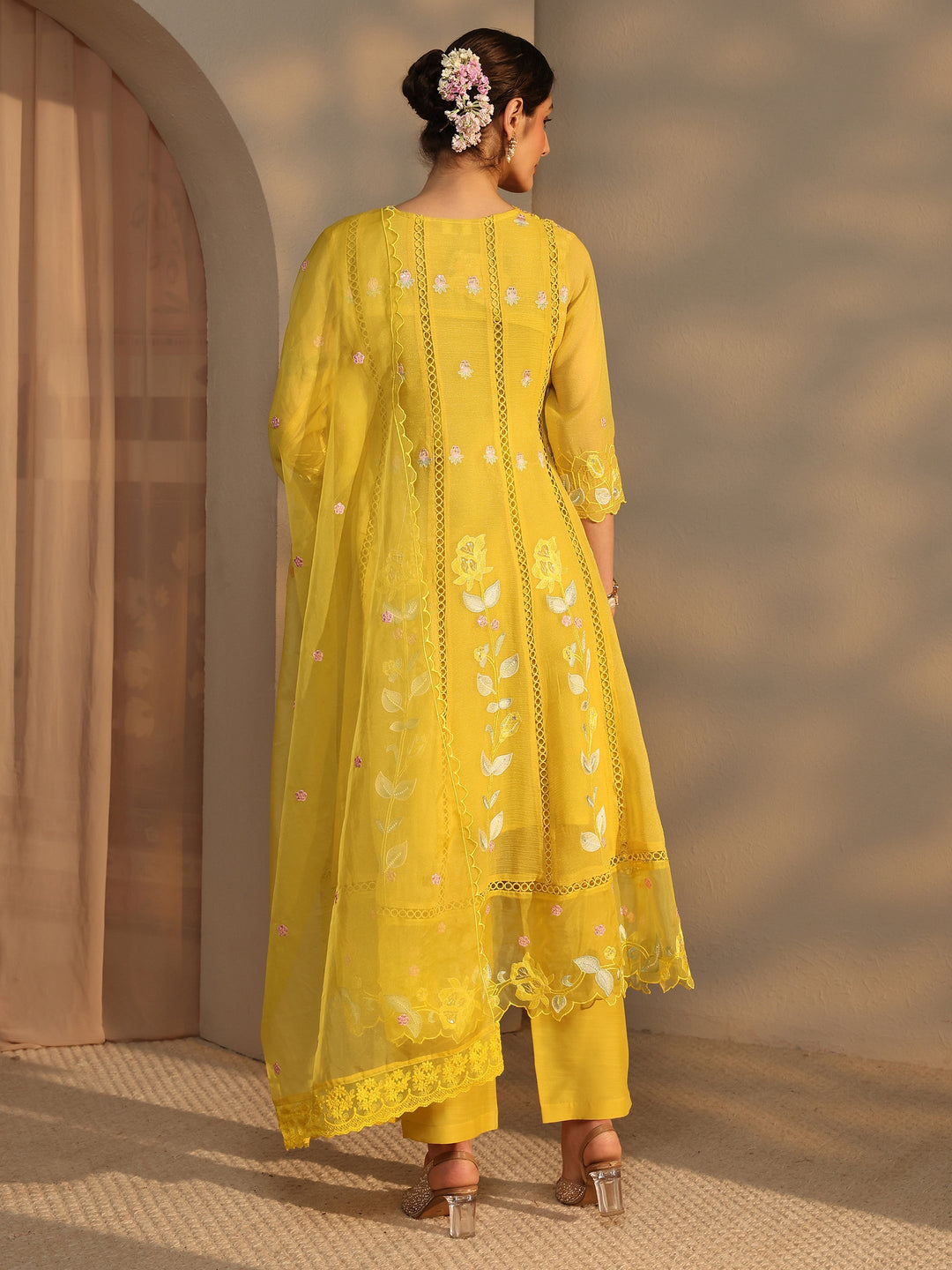 Yellow Floral Embroidered Chiffon Anarkali Suit Set with Dupatta