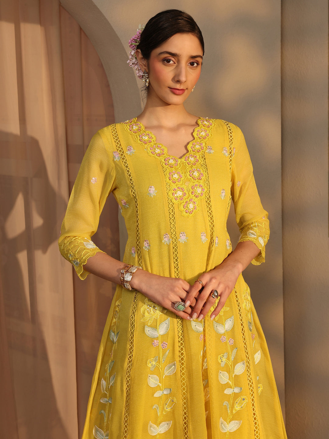 Yellow Floral Embroidered Chiffon Anarkali Suit Set with Dupatta