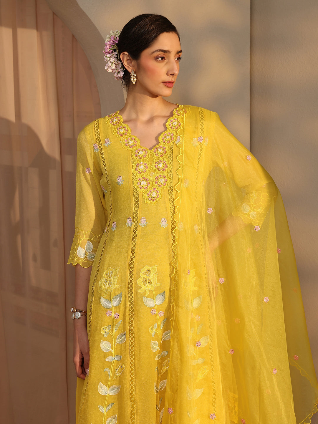 Yellow Floral Embroidered Chiffon Anarkali Suit Set with Dupatta