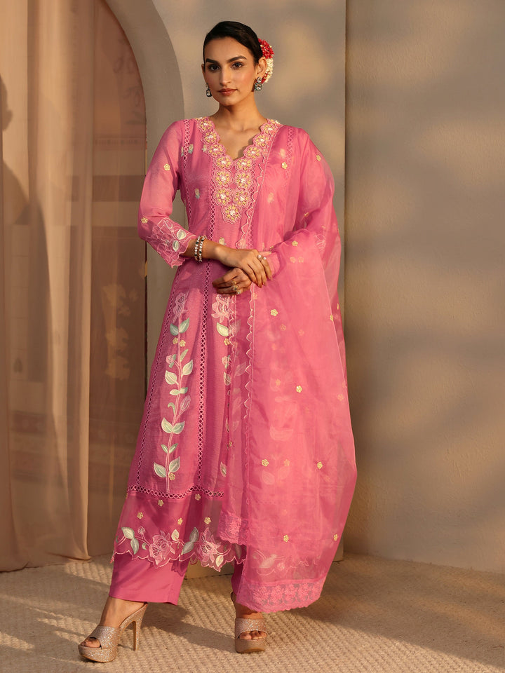 Pink Floral Embroidered Chiffon Anarkali Suit Set With Dupatta