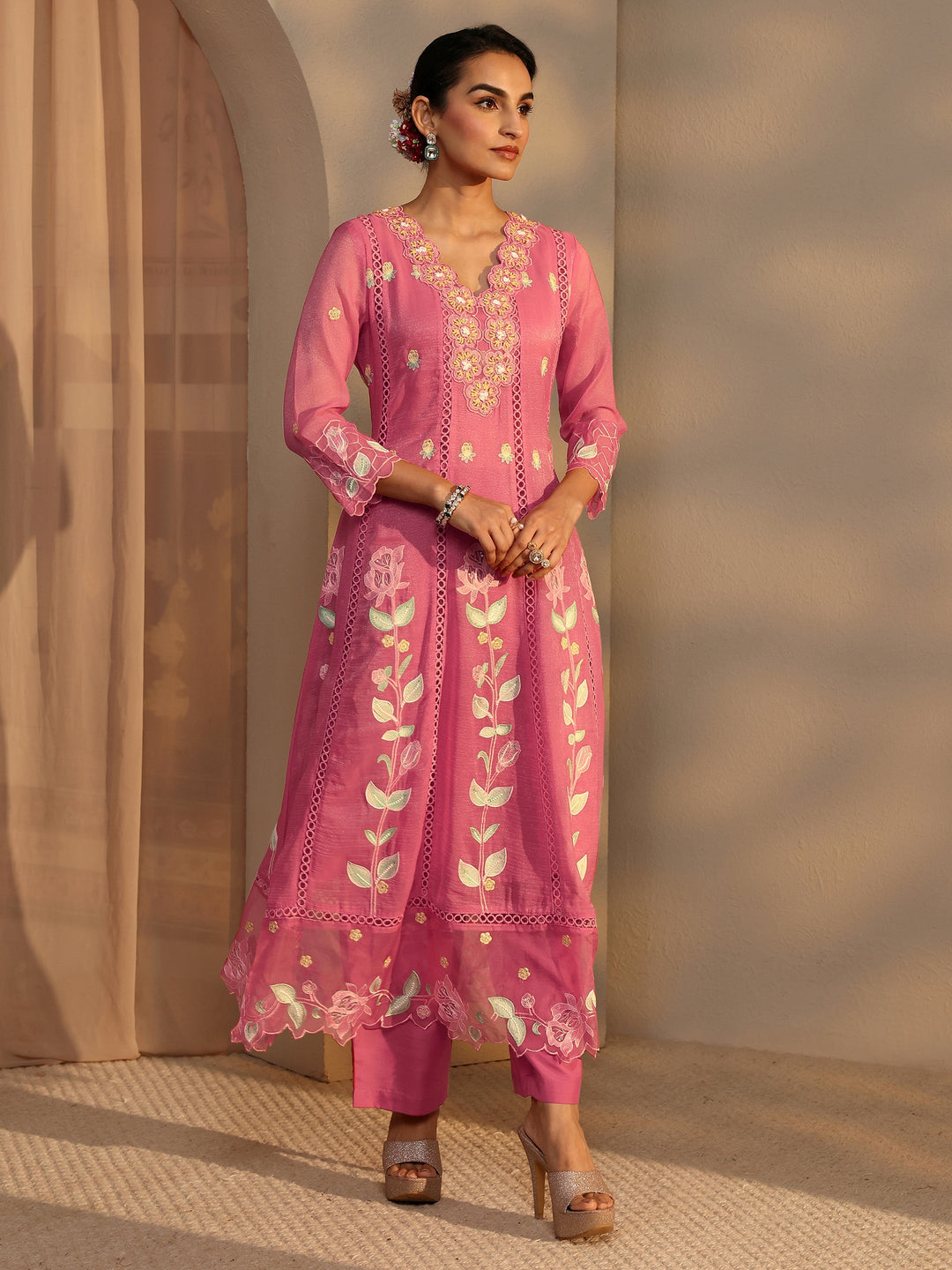 Pink Floral Embroidered Chiffon Anarkali Suit Set With Dupatta