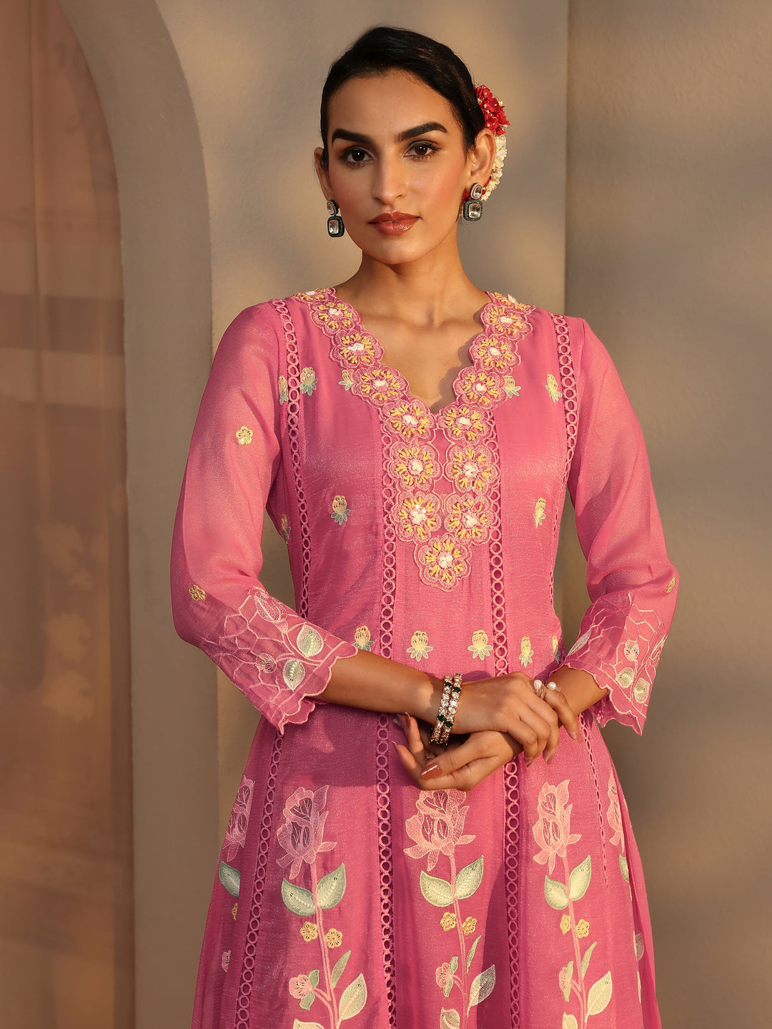 Pink Floral Embroidered Chiffon Anarkali Suit Set With Dupatta
