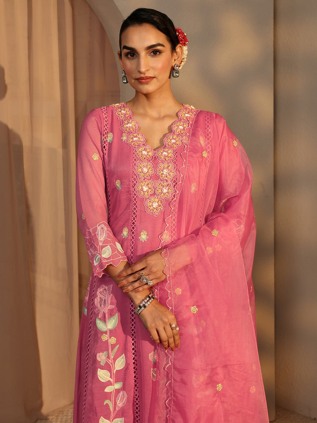 Pink Floral Embroidered Chiffon Anarkali Suit Set With Dupatta