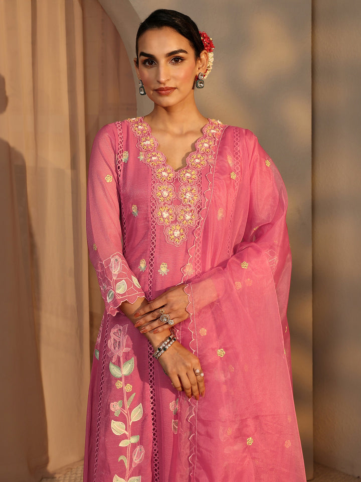 Pink Floral Embroidered Chiffon Anarkali Suit Set With Dupatta