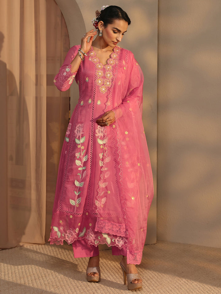 Pink Floral Embroidered Chiffon Anarkali Suit Set With Dupatta