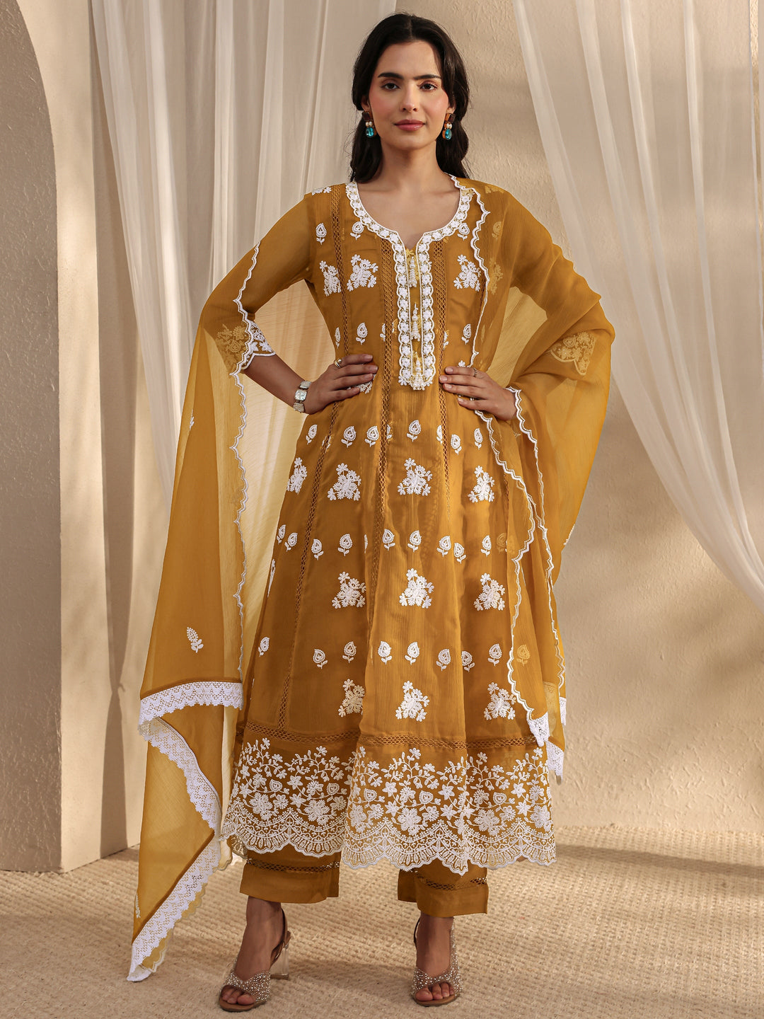 Mustard Floral Embroidered Chiffon Anarkali Suit Set With Dupatta