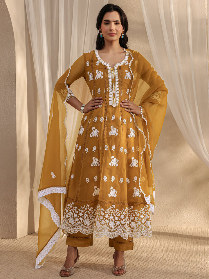 Mustard Floral Embroidered Chiffon Anarkali Suit Set With Dupatta