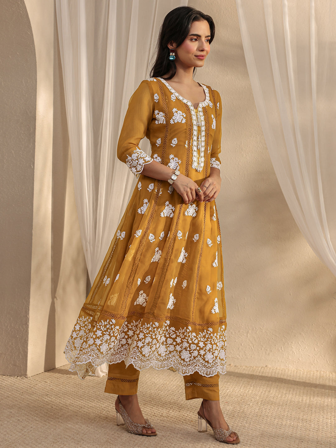 Mustard Floral Embroidered Chiffon Anarkali Suit Set With Dupatta