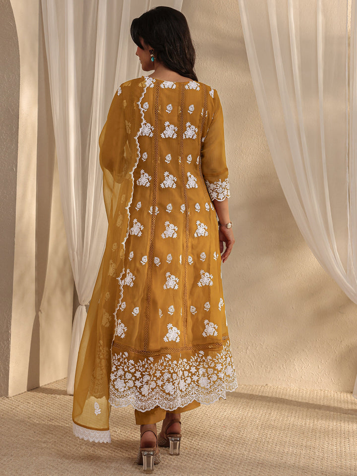 Mustard Floral Embroidered Chiffon Anarkali Suit Set With Dupatta