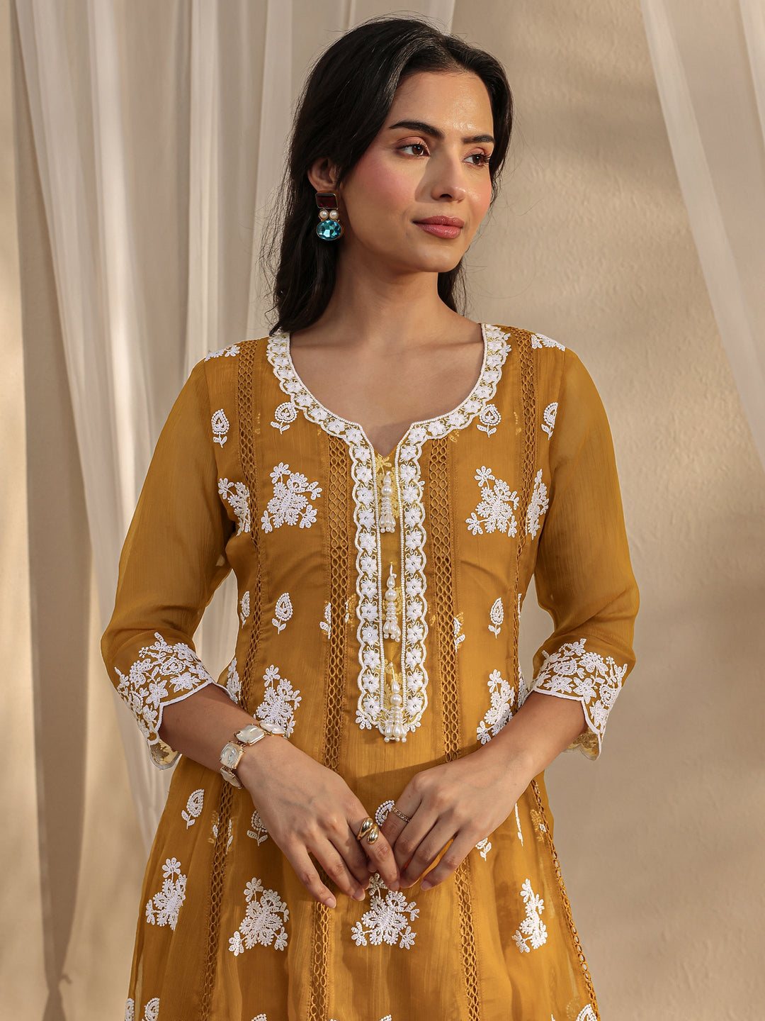 Mustard Floral Embroidered Chiffon Anarkali Suit Set With Dupatta