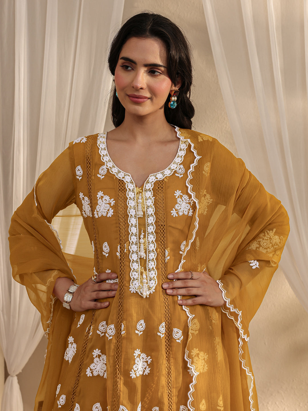 Mustard Floral Embroidered Chiffon Anarkali Suit Set With Dupatta