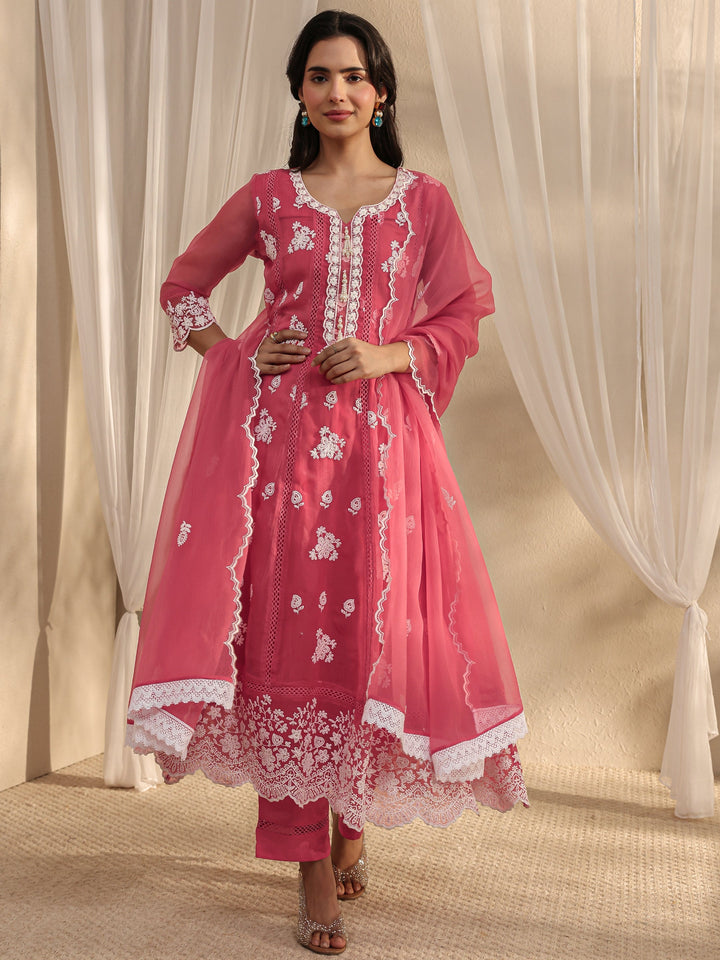 Pink Floral Embroidered Chiffon Anarkali Suit Set With Dupatta