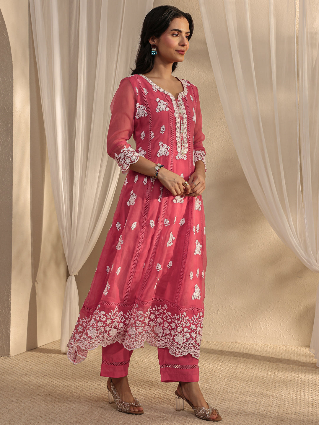Pink Floral Embroidered Chiffon Anarkali Suit Set With Dupatta