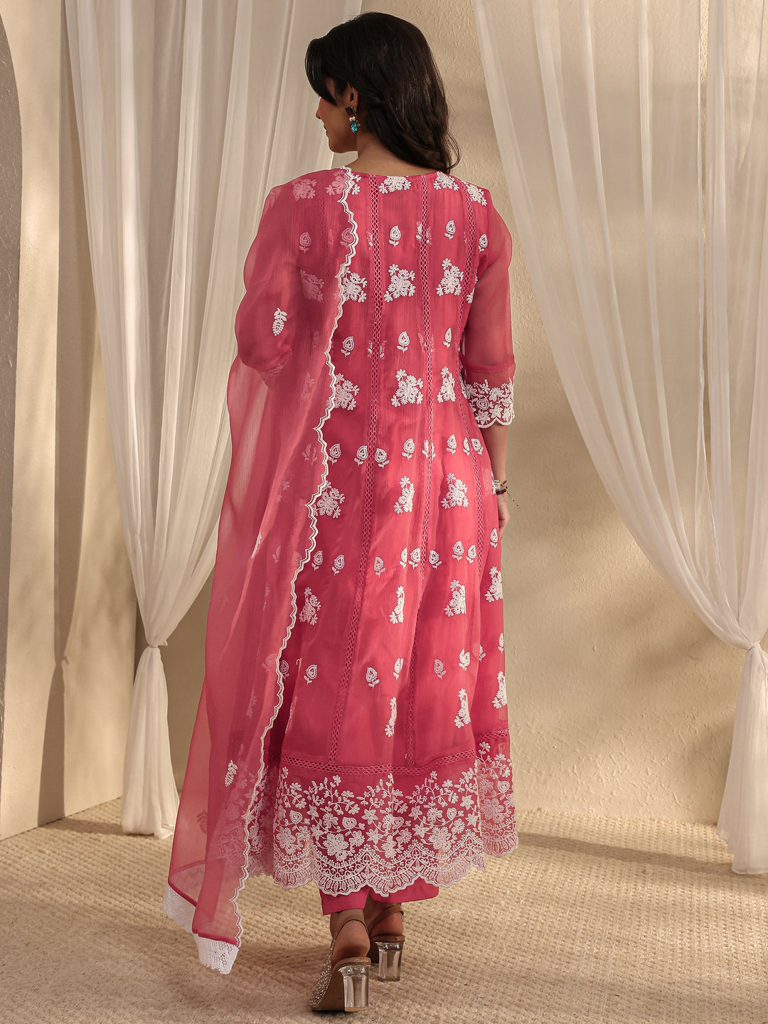 Pink Floral Embroidered Chiffon Anarkali Suit Set With Dupatta