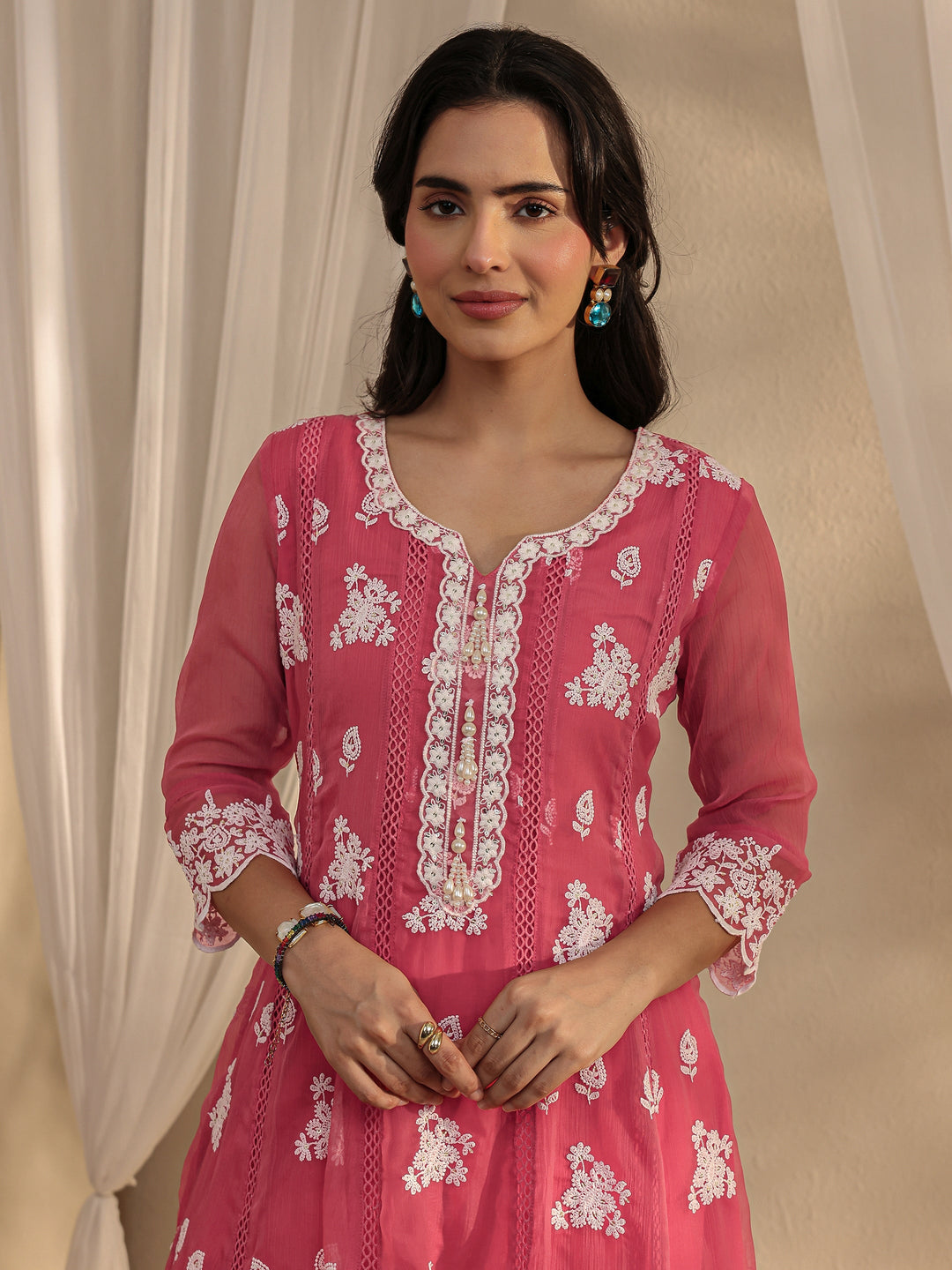 Pink Floral Embroidered Chiffon Anarkali Suit Set With Dupatta