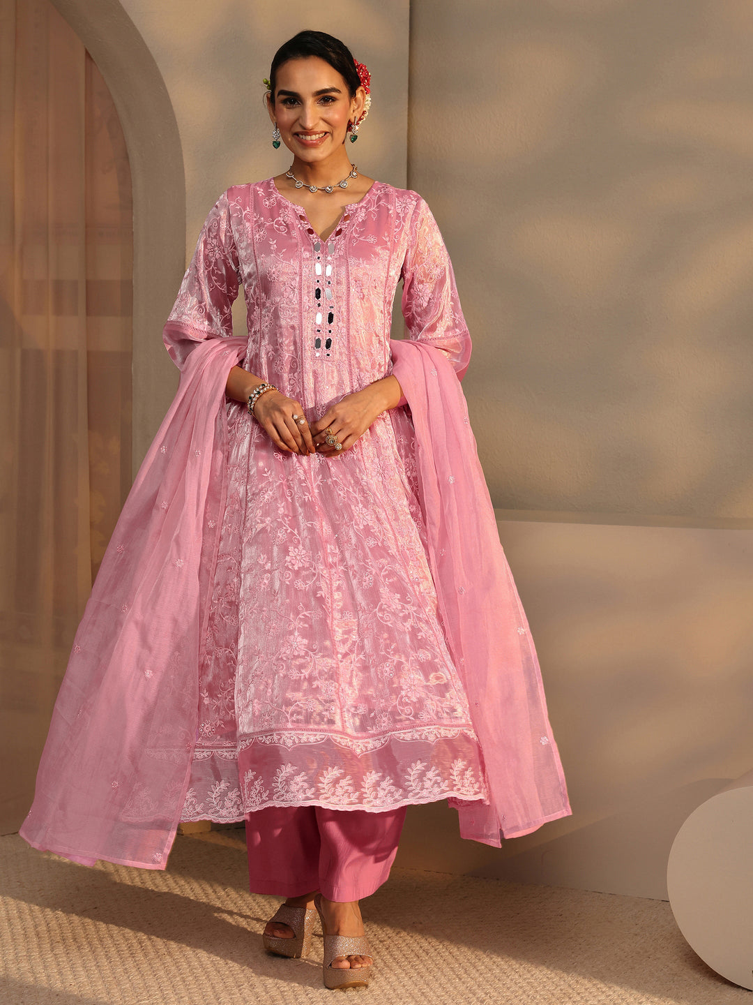 Pink Floral Embroidered Organza Anarkali Suit Set With Dupatta