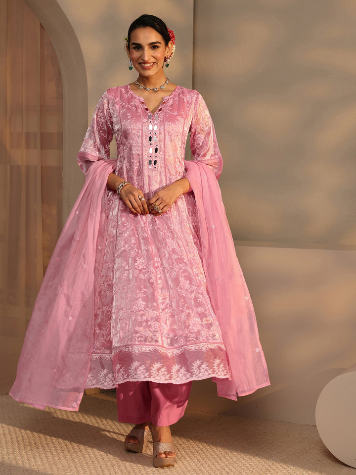 Pink Floral Embroidered Organza Anarkali Suit Set With Dupatta