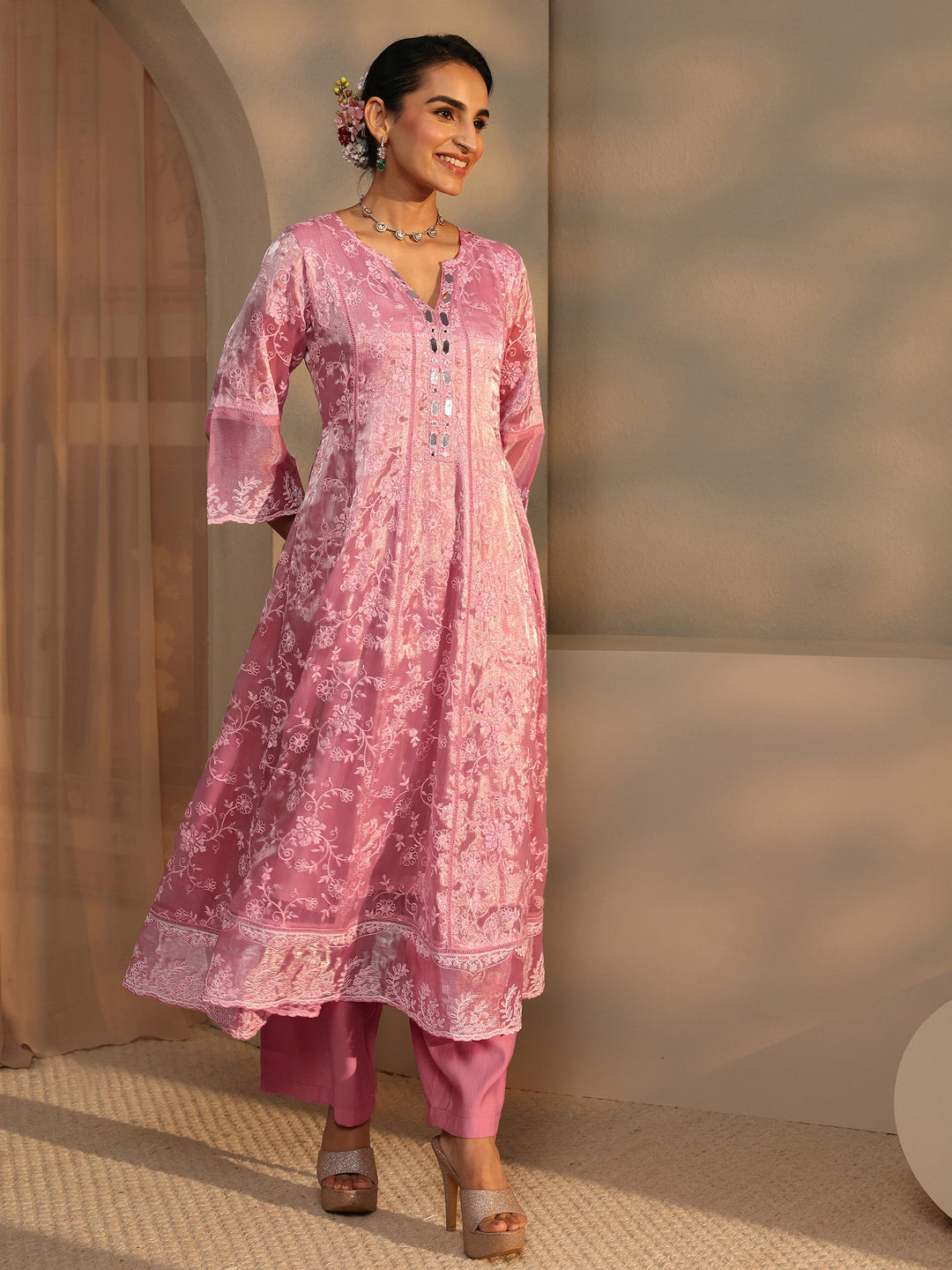 Pink Floral Embroidered Organza Anarkali Suit Set With Dupatta