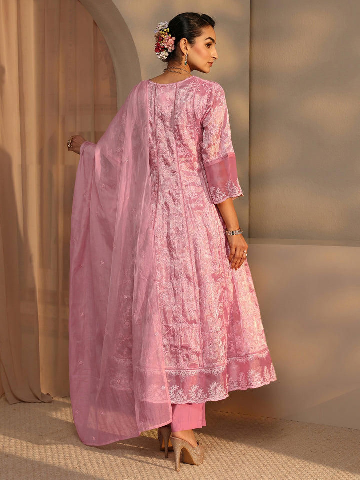 Pink Floral Embroidered Organza Anarkali Suit Set With Dupatta