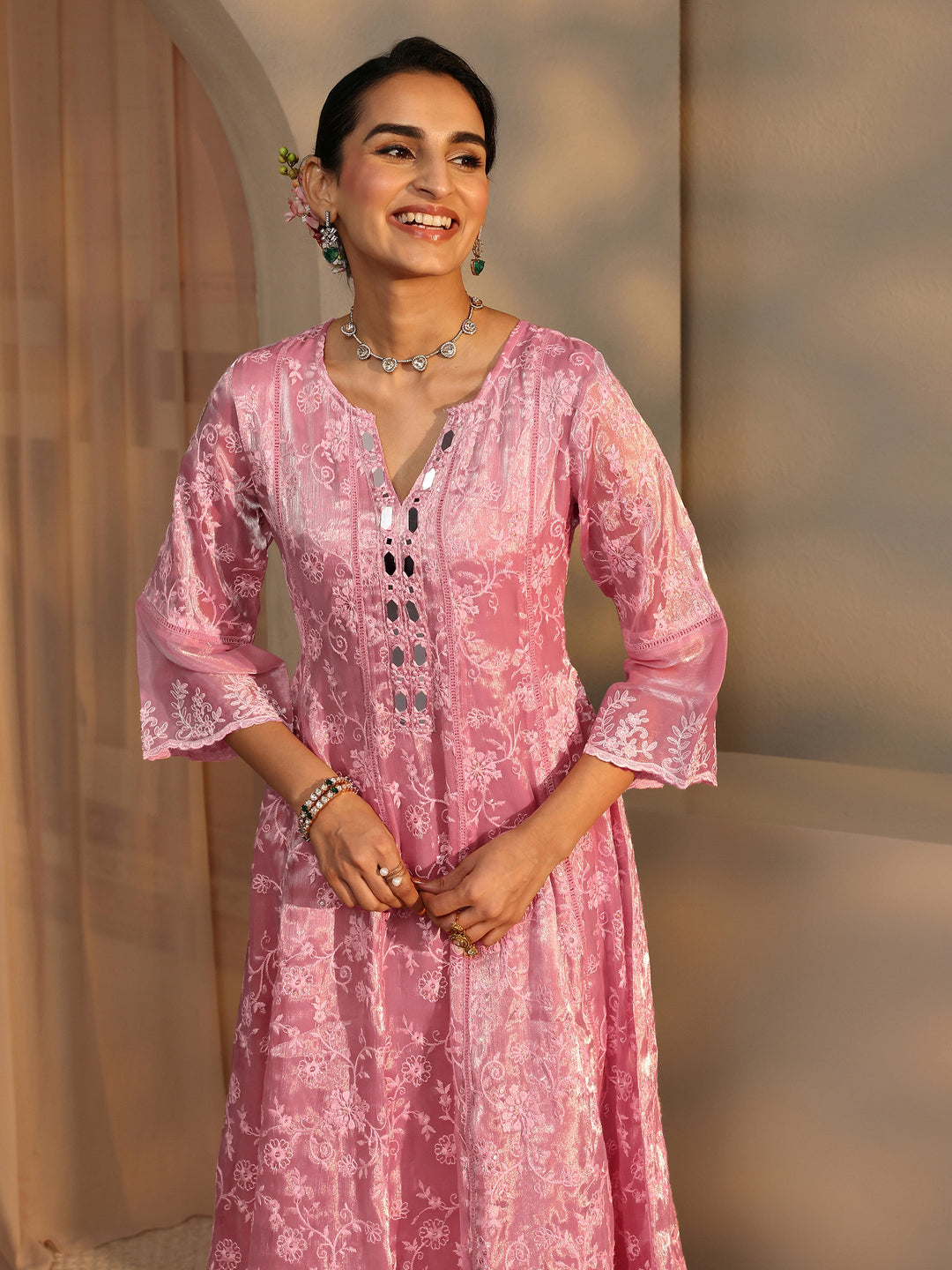 Pink Floral Embroidered Organza Anarkali Suit Set With Dupatta