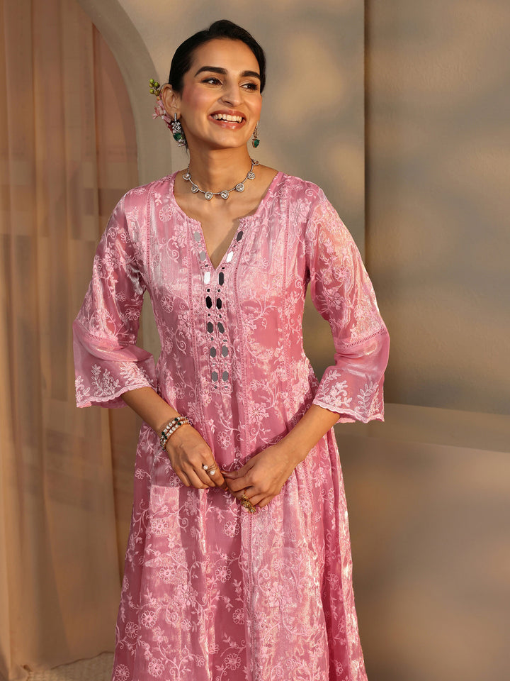 Pink Floral Embroidered Organza Anarkali Suit Set With Dupatta