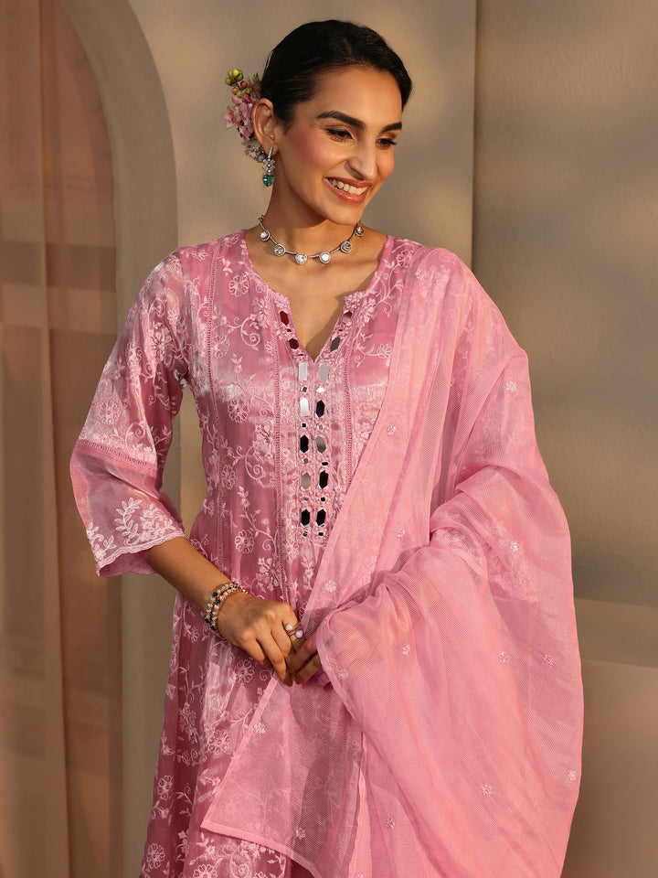 Pink Floral Embroidered Organza Anarkali Suit Set With Dupatta