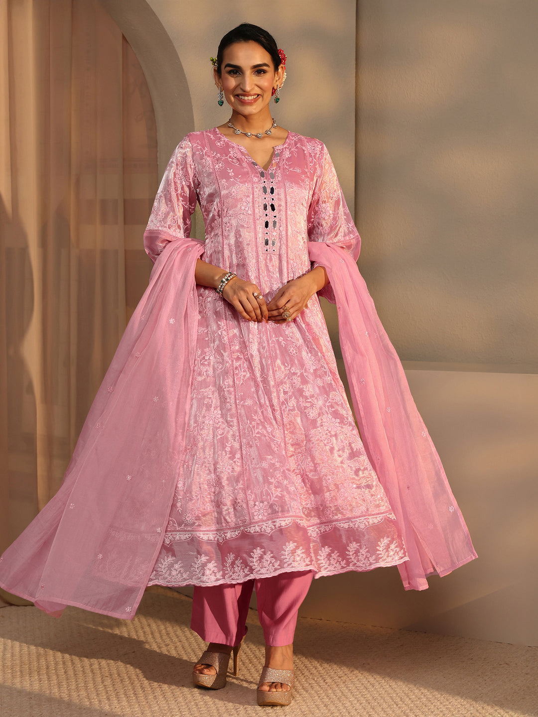 Pink Floral Embroidered Organza Anarkali Suit Set With Dupatta