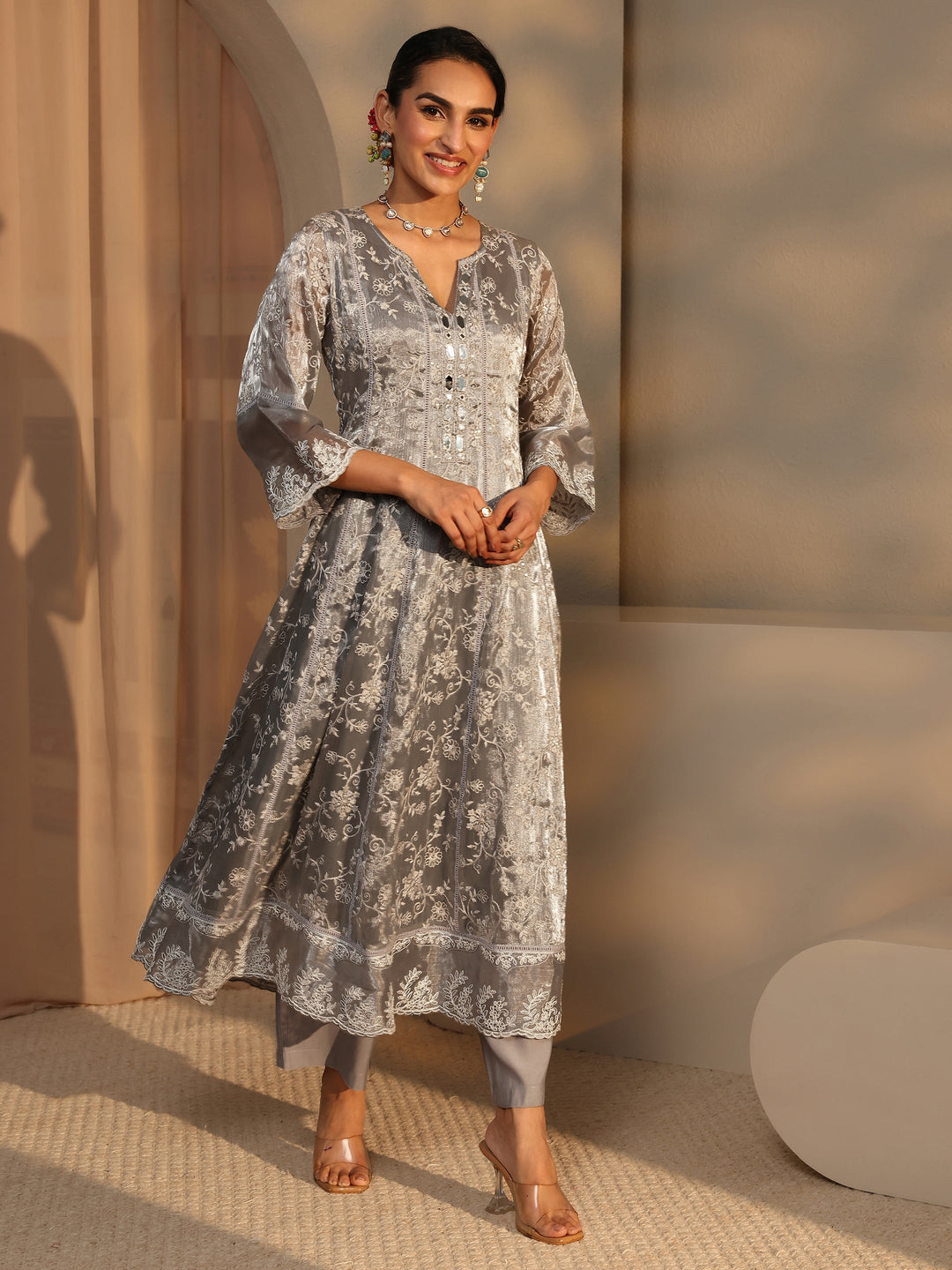 Grey Floral Embroidered Organza Anarkali Suit Set With Dupatta