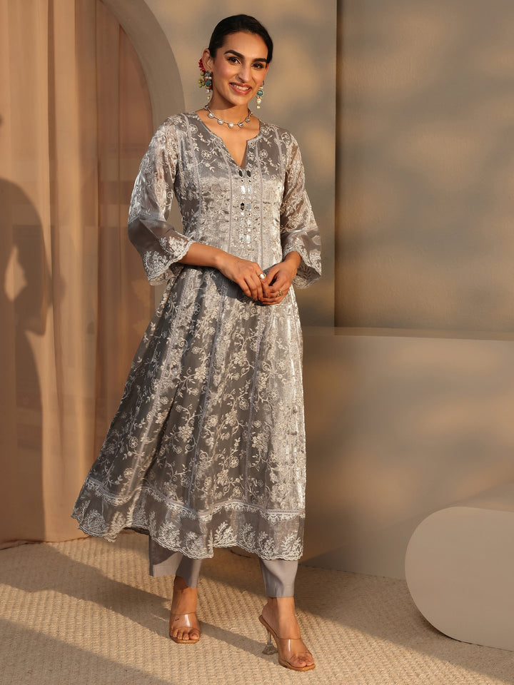 Grey Floral Embroidered Organza Anarkali Suit Set With Dupatta