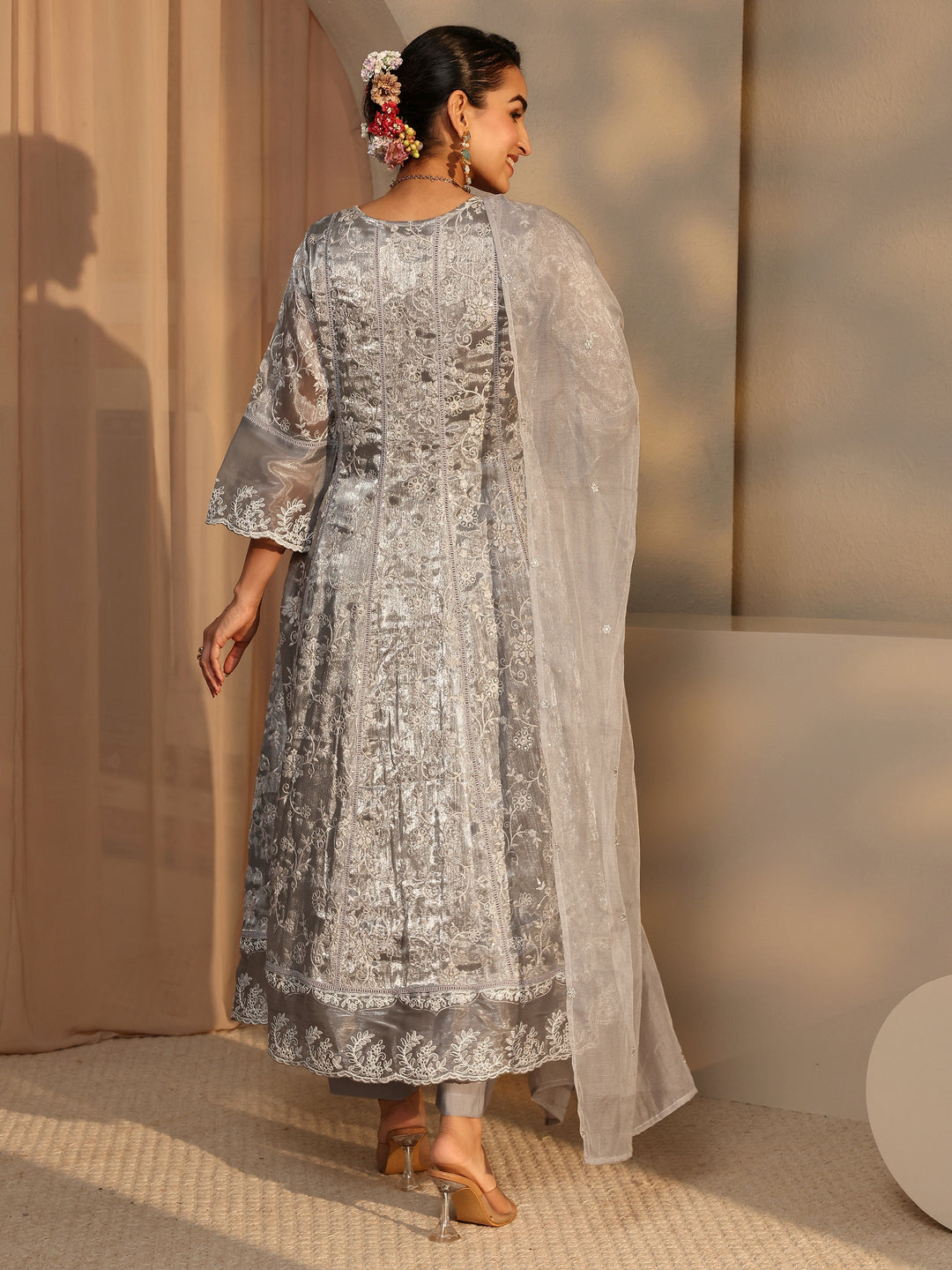 Grey Floral Embroidered Organza Anarkali Suit Set With Dupatta