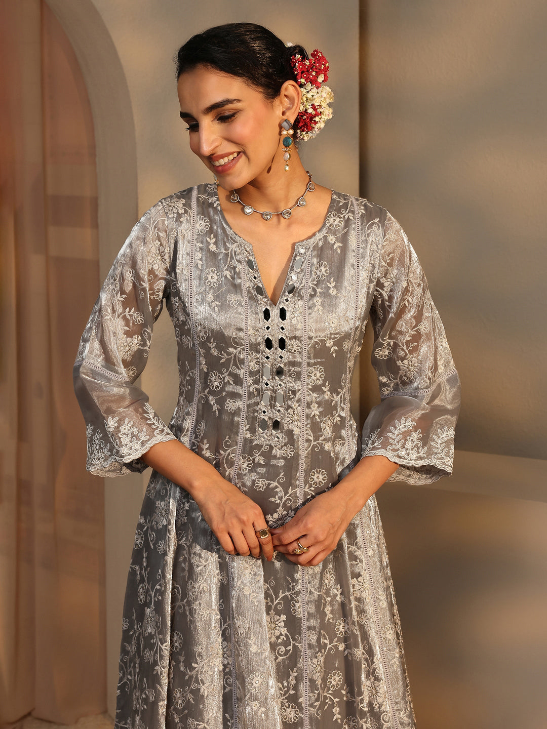 Grey Floral Embroidered Organza Anarkali Suit Set With Dupatta