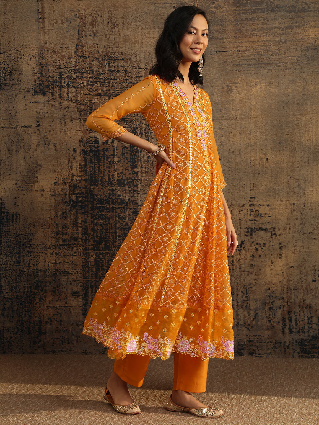 Orange Embroidered Chiffon Straight Suit Set With Dupatta